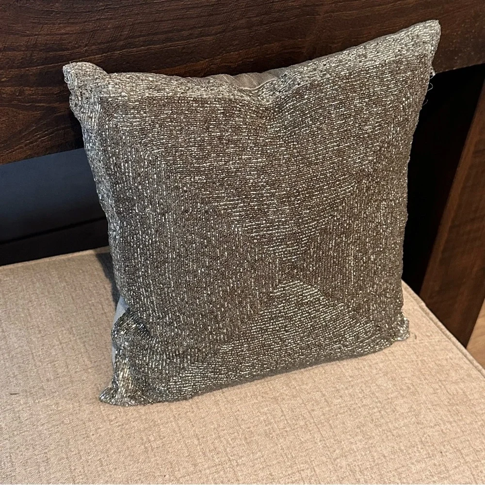 Silver Hand Beaded Silk Decorative Throw Pillow Modern 13 x 13 Square Zippered